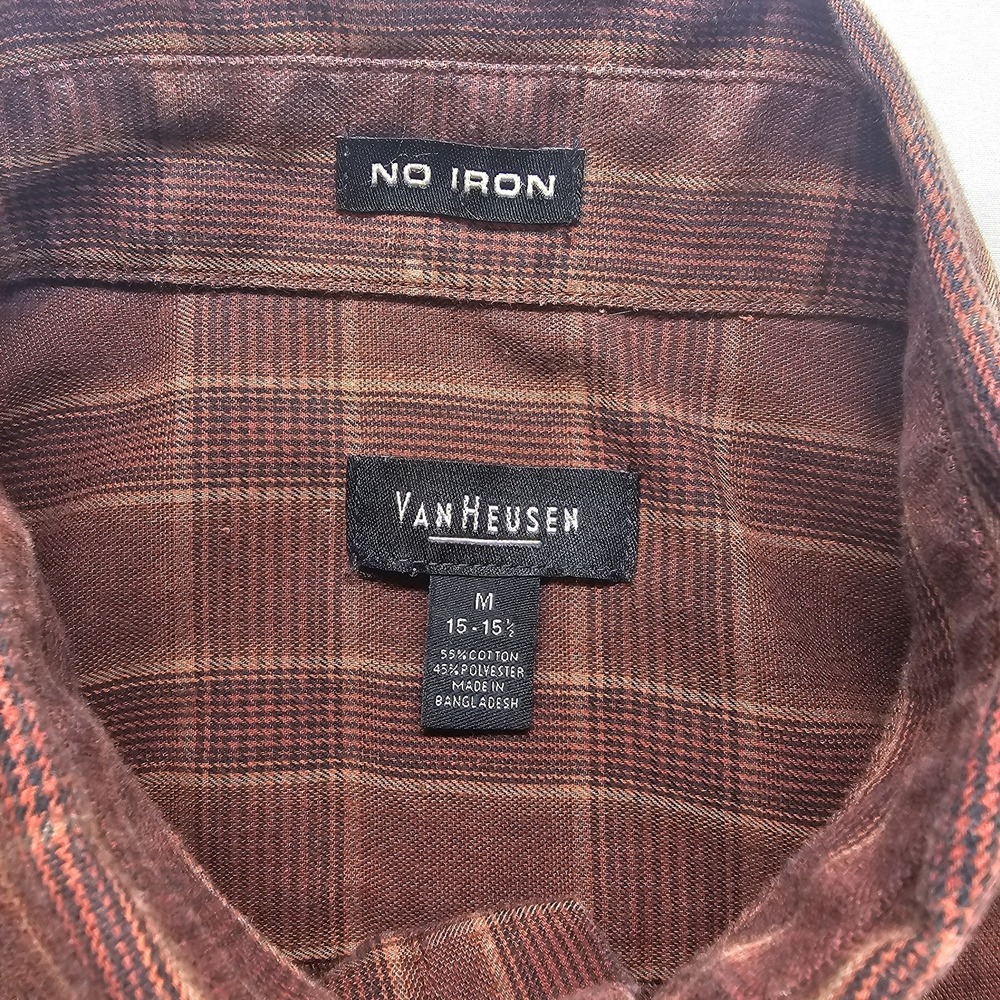 Van Heusen Men's Medium No Iron Dress Shirt Brown Plaid Long Sleeve Classic Fit - Picture 2 of 6